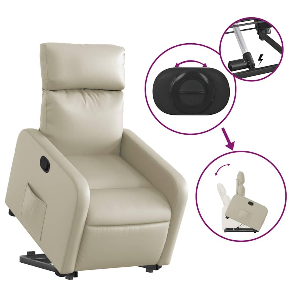 Fotel relaksacyjny z elektrycznym wspomaganiem wstawania, ze sztucznej skóry, kremowy, regulowany, z tapicerką, podłokietnikami i oparciem, ergonomiczny, do salonu, czytania, relaksu i