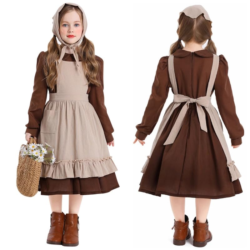 LAEMILIA Costume historique colonial pour fille - Costume de pionnière pour fille - Costume d'Halloween - Robe de paysanne médiévale - Tablier de soubrette - Bonnet et chapeau pour enfants de 2 à 16