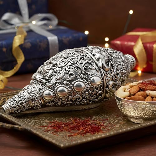 Image of Silver Plated Ganesh Shankh Idol 5.2 Inch | Lord Ganesha Conch Showpiece for Pooja Room, Home Decor & Office Desk | Vastu Gift Item for Housewarming