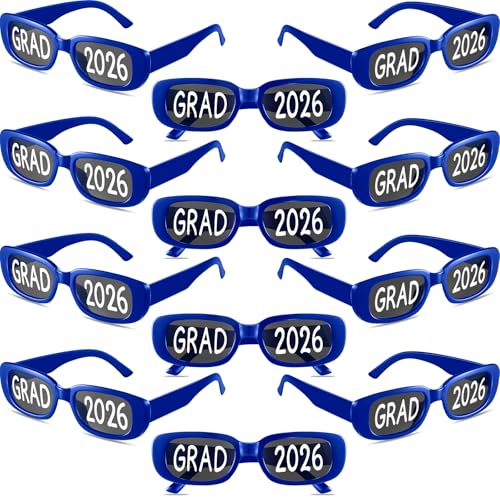 Saysurey 12 Pcs 2026 Graduation Glasses Grad 2026 Sunglasses Bulk Plastic Eyeglasses Graduation Party Supplies Photo Props (Blue)