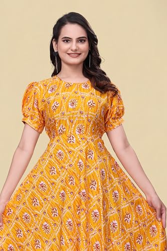 Image of Women's A-Line Crepe Maxi Dress | Stylish Fit and Flare Dress with Round Neck Short Puff Sleeves for Casual Wear