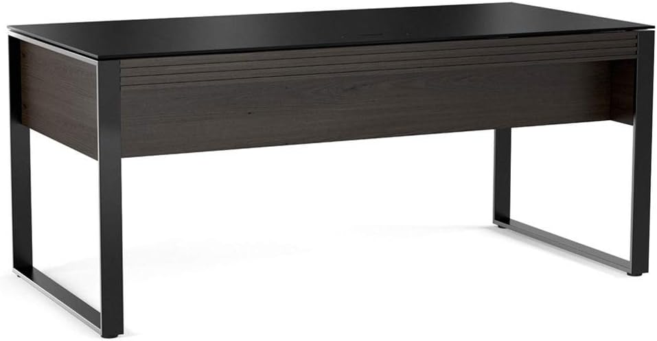 BDI Furniture Corridor 6521-67.75'' x 32.25" Executive Office Desk for Home or Office with Keyboard Drawer, Cable Management, Satin-Etched Tempered Glass, Charcoal Stained Ash