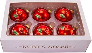Kurt S. Adler 80MM Red with Holly Leaf Glass Ball, 6-Piece Boxed Ornament Set, Multi, 6 Count