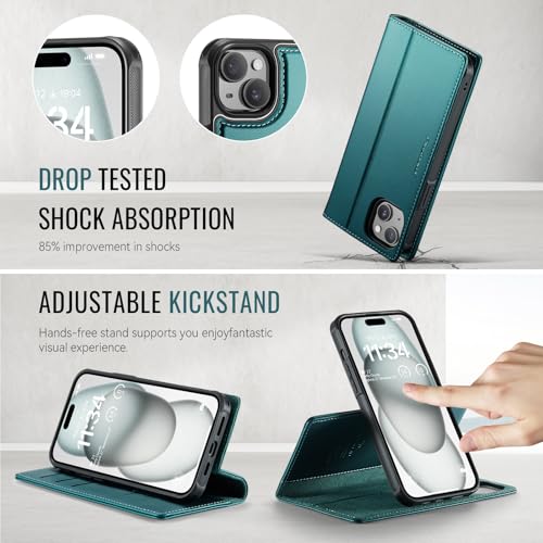 Image of Wallet Case for iPhone 13 Compatible with Magsafe, 2-in-1 PU Leather Flip RFID Blocking Card Holder Stand Shockproof Magnetic Detachable Cover for iPhone 13 Case 6.1 inch, Bluegreen