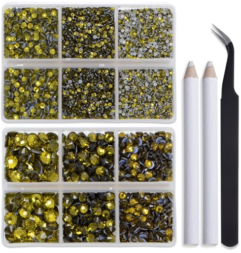 Image of Bymitel Hotfix Crystal Rhinestones Round Gems for Crafts,Mixed 6 Sizes with Wax Pencil Kit, Olivine 1.6-6.3mm SS4-SS30 /8000pcs