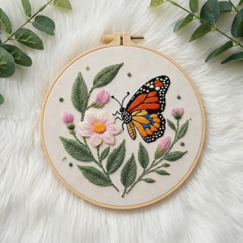 Image of PATPAT 1 Set DIY Flower Cross Stitch Embroidery Kit for Beginners, Embroidery Thread Set with Pre Printed Learning Designs Hoop Threads Punch Needle Kit and Tools, Perfect Stitching and Fabric Kit
