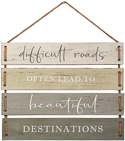 Difficult Roads Often Lead to Beautiful Destinations Quote Wall Decor, Decorative Wood Plank Hanging Sign 17” x 14” by Barnyard Designs