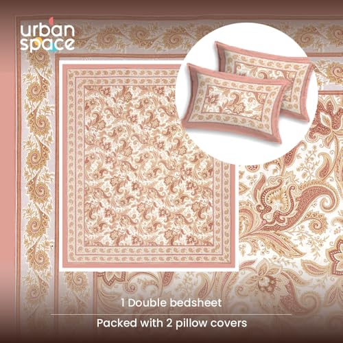 Image of Urban Space 100% Cotton Jaipuri Handblock Printed Double Bedsheet with 2 Pillow Covers, 200 TC Cotton Bedsheet (Size 90 x 100 inches, Rangmahal)