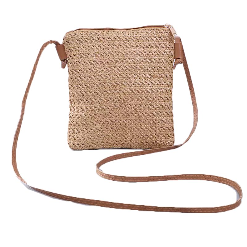YFZCLYZAXET Strohtaschen Strandtasche Damenmode Strohtasche Rattan Gewebte Geldbörse Crossbody Messenger Bag Zopf Kleine Quadratische Handtasche Boho Beach Coffee