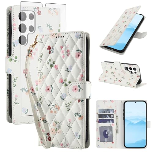 Coque Samsung Galaxy S24 Ultra 5G Portefeuille Fleur Étui Rabat Verre