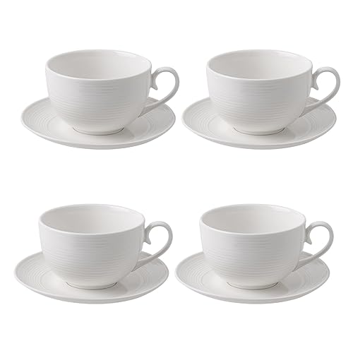 Feenmai 12 oz Cappuccino Cups with Saucers, Ceramic Espresso Coffee Cups Set of 4, White Latte Cup and Saucer, Elegant Tea Mugs Set, Microwave Dishwasher Safe Drinkware for Cafe, Housewarming Gift