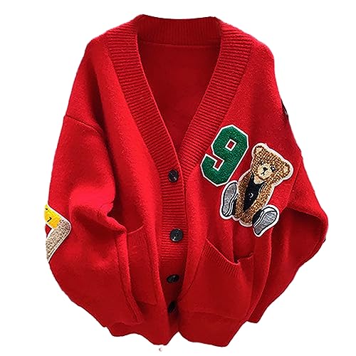 Sweaters,Womens Knitted Cardigans Cartoon Sweater Button Down V-Neck Solid Color Outerwear Tops Coat with Pocket