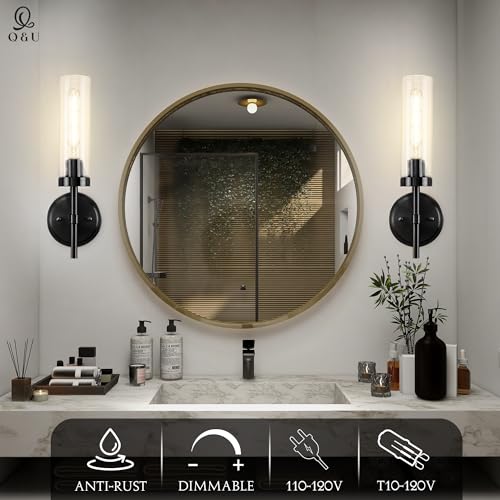 Image of Q&U Black & Gold Hardwired Wall Sconces Set of 2 - Modern Bathroom Vanity Light Fixtures, Farmhouse Wall Mount Lamps for Mirror, Living Room, Bedroom, and Hallway