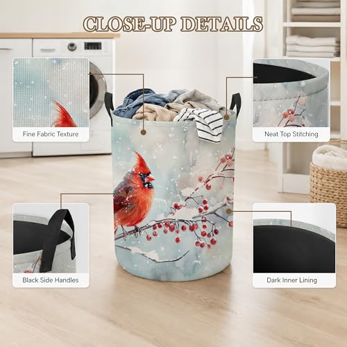 Image of Cardinal Bird Laundry Basket Oxford Cloth Winter Berry Laundry Hamper With Handle Foldable Portable Clothes Storage Basket Storage Bag For Laundry Room /Bathroom /Bedroom /Dormitory 20.8 inchx16 inch
