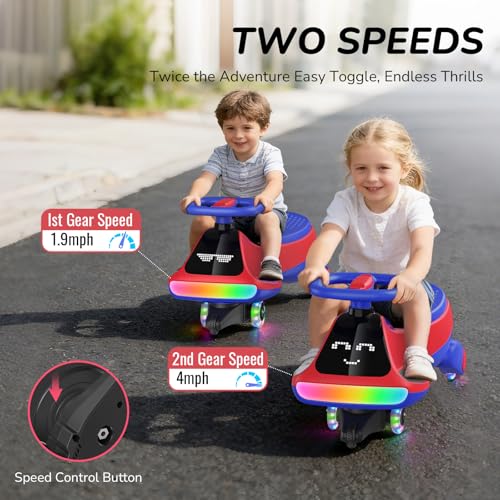 Image of Umatoll 12V Electric Wiggle Car for Kids, Birthday Gifts Toy for Age 3+ | LED Expression Display, 2 in 1 Electric & Manual Riding Modes, RGB Lights, Bluetooth, 2 Speeds, Rechargeable Battery