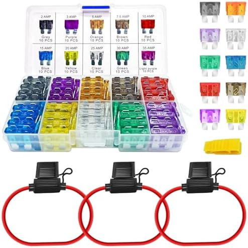 MuHize ATO/ATC Fuse Kit with Inline Holders - 3 Inline 12 AWG Fuse Holders and 100pcs Standard Blade Fuses(2A 3A 5A 7.5A 10A 15A 20A 25A 30A 35A) for Truck Boat RV | Puller Tool Included