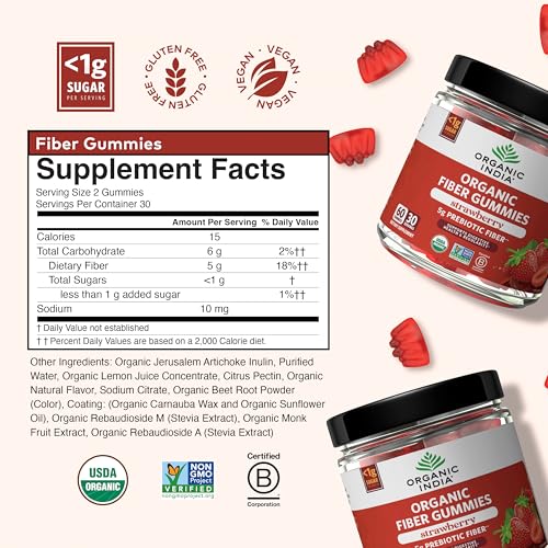 ORGANIC INDIA Fiber Gummies for Adults - Prebiotic Fiber, Dietary Supplement, Digestive Health for Men & Women, Vegan, Low Sugar, Non-GMO - Strawberry, 60 Gummies - Image 5