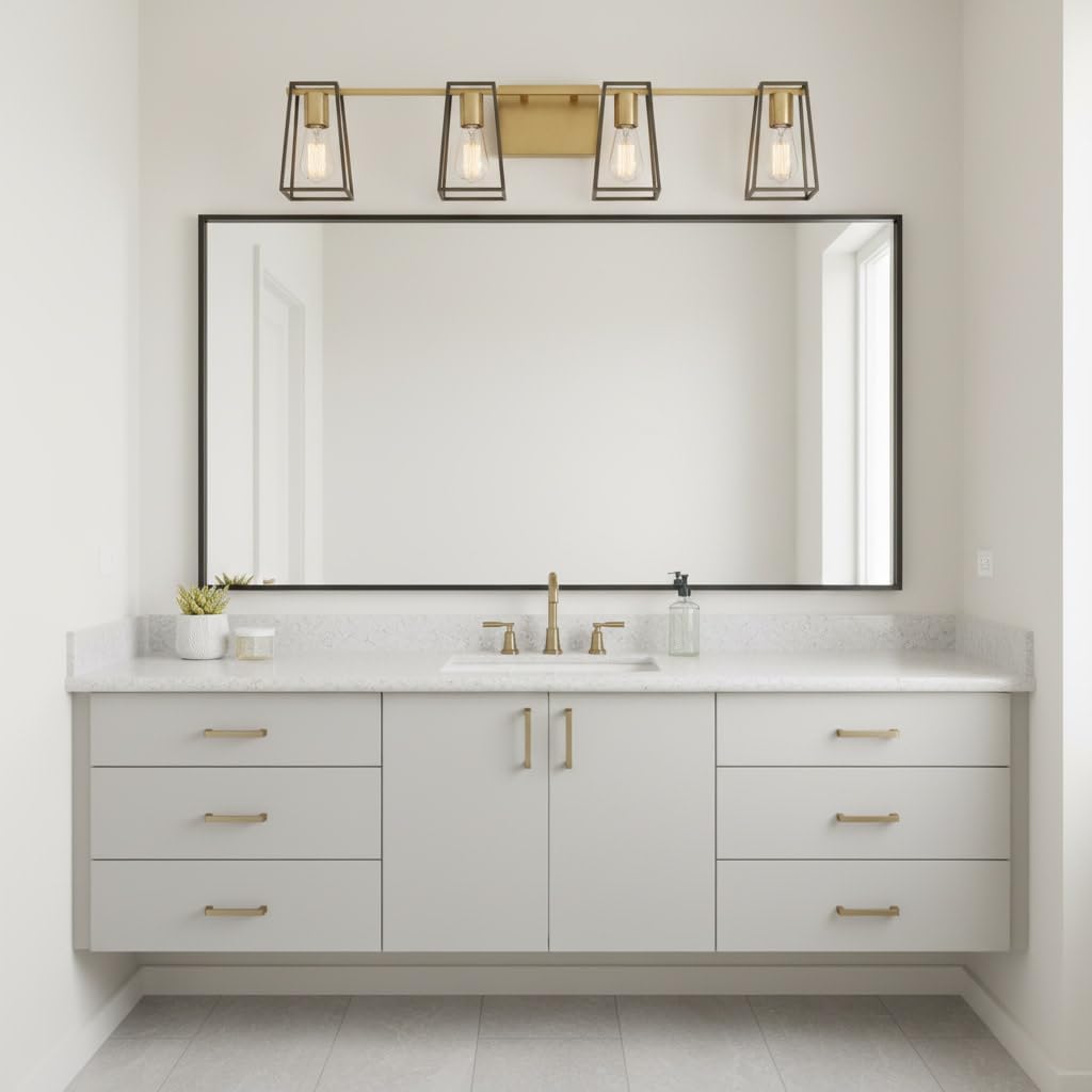 Hinkley 5164HB Filmore Four Light Bath Vanity Fixture, Modern Industrial Trapezoid Open Cage, Mount Up or Down, in Heritage Brass and Oil Rubbed Bronze Accents
