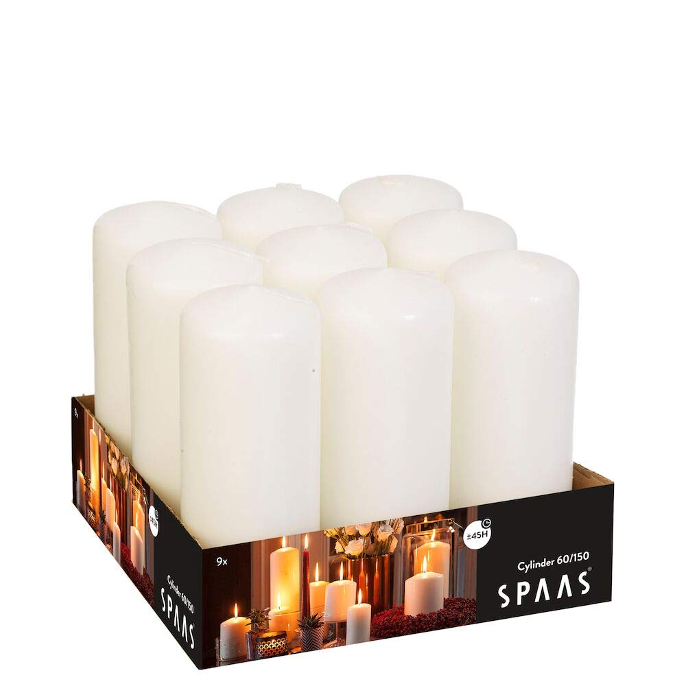 Spaas Tray of 9 Unscented Pillar Candles, Paraffin Wax White, D 60 mm x H 150 mm