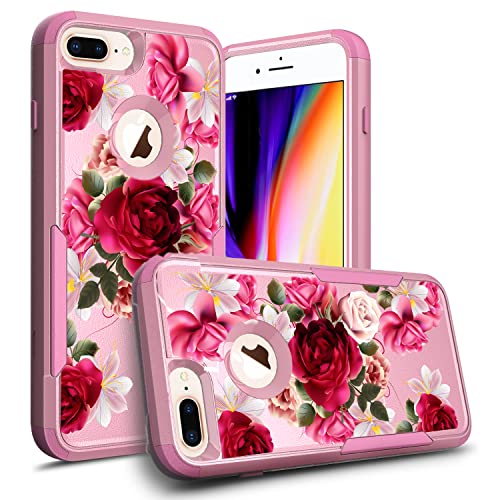 STORM BUY Compatible for Apple iPhone 8 Plus & iPhone 7 Plus Case, Pink Cute Women & Girls Heavy Duty [ Red Rose Floral ] Shockproof Protective Hard Phone Cases Cover for iPhone 7 Plus-TQ RR