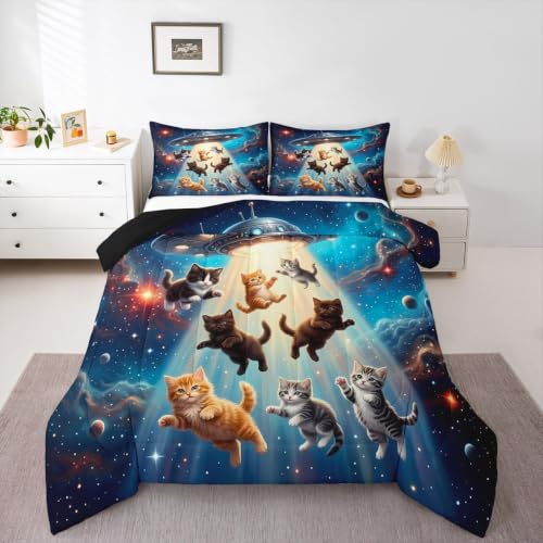 Feelyou Cat Comforter Set Outer Space Cute Cats Bedding Set Galaxy Nebula Pet Cats DecorAnimal Comforter Gorgeous Lovely Animals Quilt Collection 3Pcs Queen Size Boys