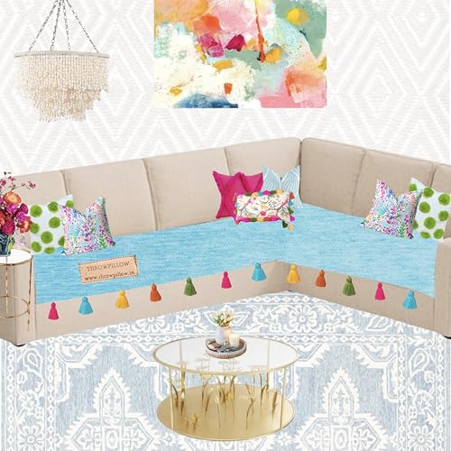 Image of Blue Sofa Cover Multicoloured Tassels:Corner Couch Cover: Thick Fabric, Scratch & Paw Resistant, Corner Sofa Cover, Designer:Fits 3+2 Seater+Corner Sofa, Coverage: Seat- Set of 2 Seat Covers