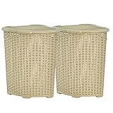 Plastic Corner Laundry Hamper with Lid, Curved Designed Laundry Basket, 2 Pack Triangle Beige Cloths Hamper Organizer with Cut-out Handles for Laundry Room Bedroom Bathroom, Wicker Design, 50 Liter