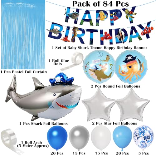 Image of Rozi Decoration Shark Theme Birthday Decorations Foil Curtain Backdrop Combo Kit Set of 84 Pcs | Fish Theme Foil Balloons | Birthday Decoration Kit for Shark Bday Decor