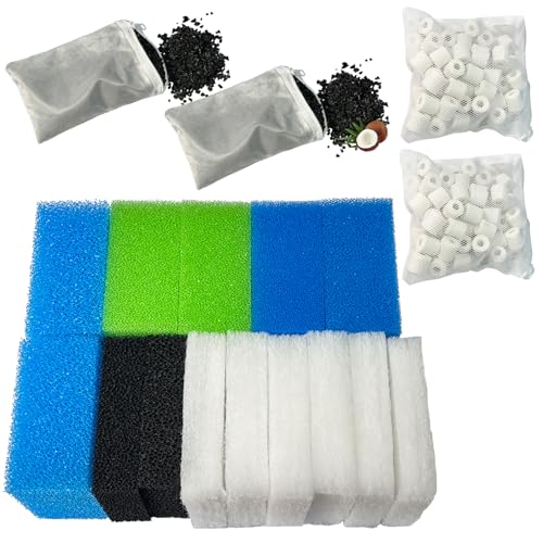 beaufan Aquarium Filter Medien Set Kompatibel mit Juwel Bioflow 3.0 M (2 Blaue Feinstsponge, 2 Blaue Grobsponge, 2 grüne Sponge, 2 Aktivkohle-Sponge, 6 Filterwatte, 2 Kohlefilter, 2 Kerami