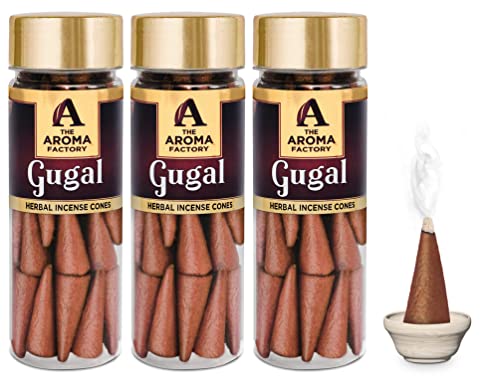 Image of The Aroma Factory Incense Dhoop Cone, Gugal (100% Herbal & 0% Charcoal) 3 Bottles x 30 Cones