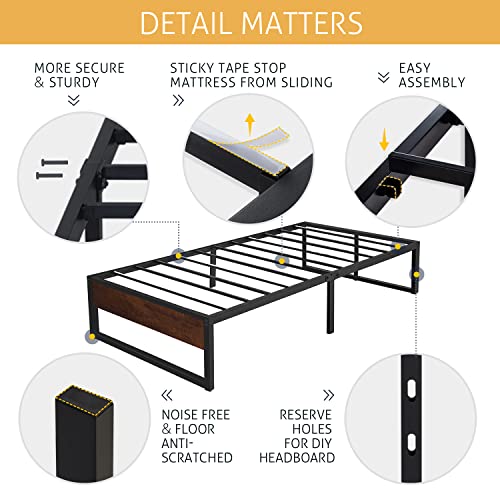 Sha Cerlin 14'' Twin Size Metal Platform Bed Frame With Rustic Wood & Reverse Holes/Ample Under-Bed Storage Space/Mattress Foundation/No Box Spring Needed/Easy Assembly/Noise Free, Metal Slats #TOP6