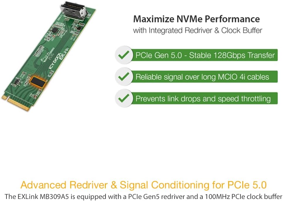 ICY DOCK EXLink MB309A5 M.2 NVMe SSD PCIe 5.0 x4 to MCIO 4i Adapter with Redriver