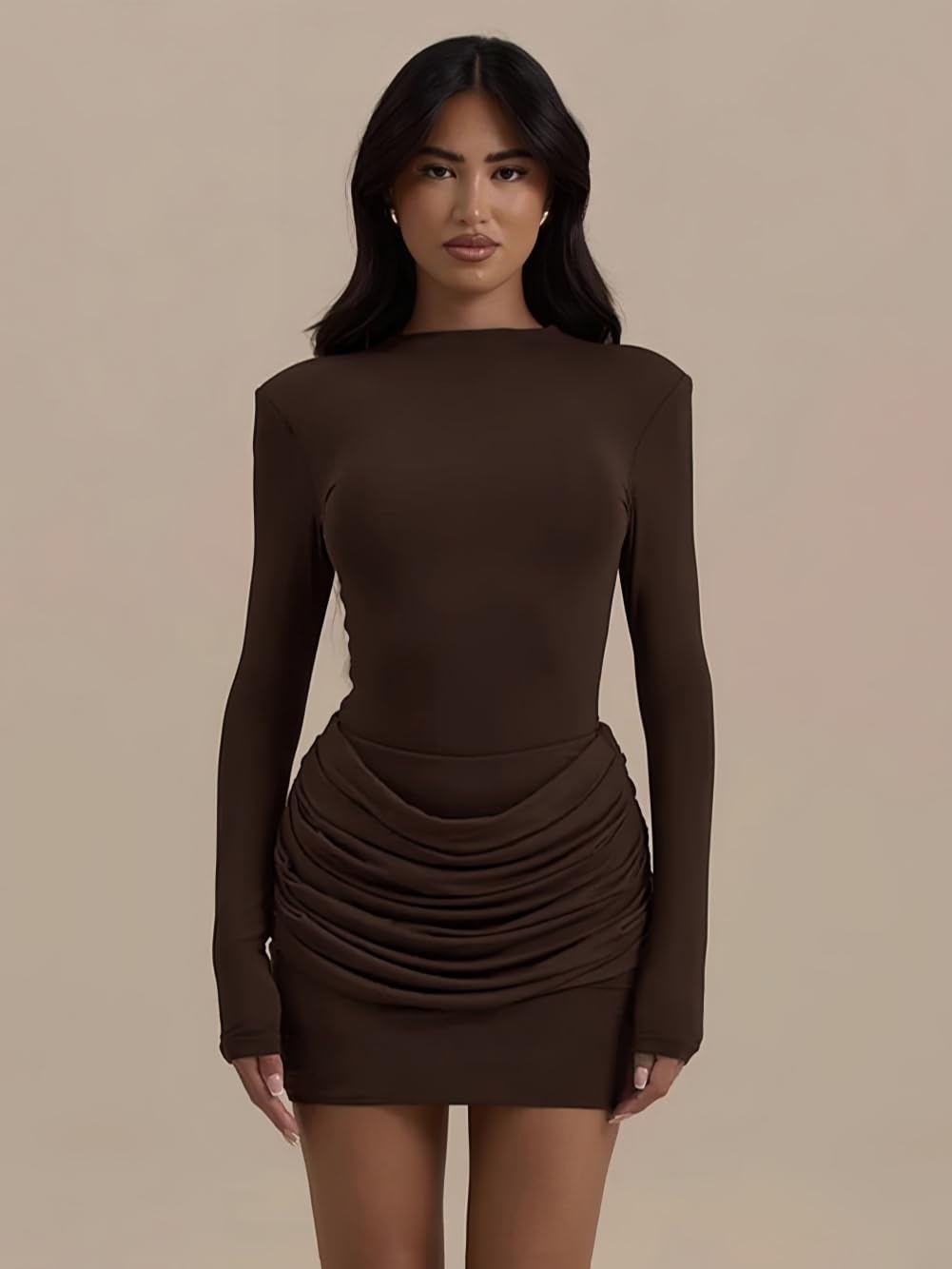 Vestito Donna Elegante Maniche Lunghe Collo Alto Mini Abito con Drappeggio Sexy Vestiti Corto Aderente Tubino Abiti per Festa Discoteca Sera Cocktail Autunno Inverno Casual Streetwear