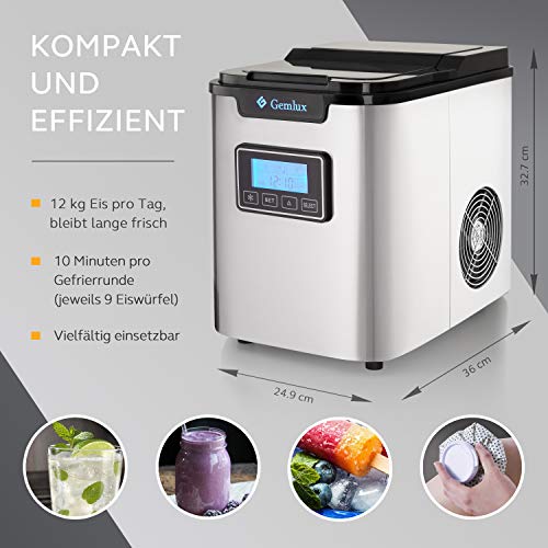 Gemlux Eiswürfelmaschine Edelstahl, Tragbar Eismaschine für Zuhause und Bar, 2.2L, 12kg/24h, 3 Eiswürfel Großen, Leise… – Bild 7
