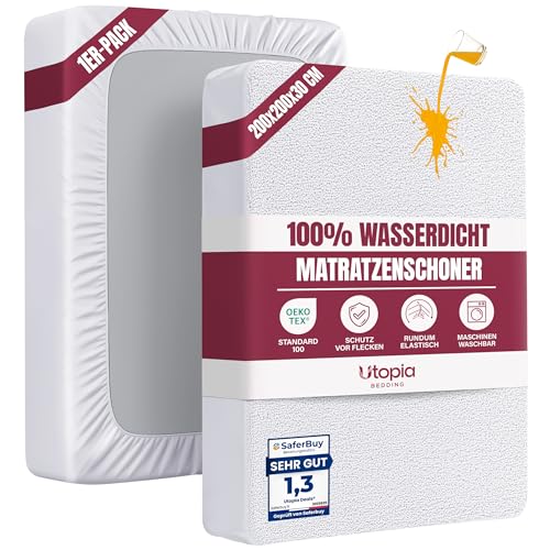 Utopia Bedding Matratzenschoner 200 x 200 x 30 cm Wasserdicht Oeko-TEX Zertifiziert Matratzenauflage Atmungsaktive Matratzenschutz Rundum Elastisch Weiß