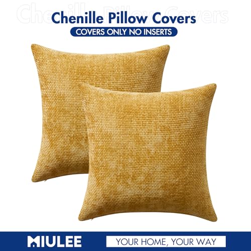 Image of MIULEE Pack of 2 Gold Throw Pillow Covers 16x16 Inch Mustard Yellow Summer Modern Boho Accent Decorative Pillow Covers Soft Chenille Farmhouse Cushion Covers for Home Decor Couch Bed Sofa Living Room