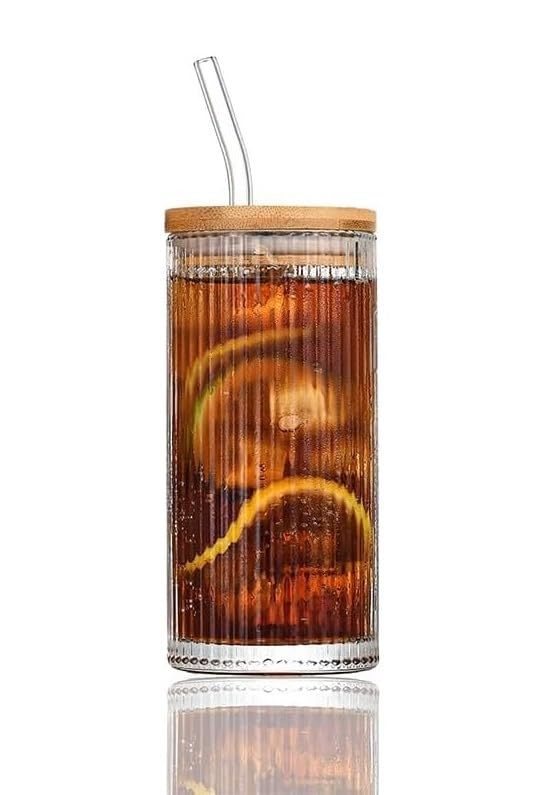Image of KHOLAD Ribbed Glass Tumbler Mugs With Airtight Wooden Lid And Straw Pack Of 1,Multipurpose Drinking Glasses Sipper Perfect For Cocktails,Smoothies,Juice,Beer,Coffee For All-Occasions (Ribbed),400Ml