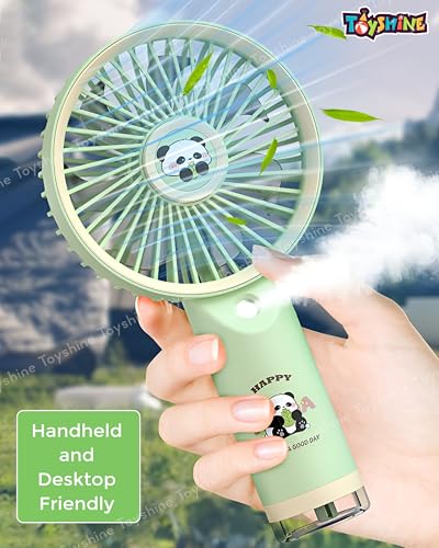 Image of Toyshine Cute Jolly Panda Design Portable Rechargeable Handheld Personal Short Handle Small Desk Fan with 3 speed Airflow & Water Spray Feather For Travel /Office /Desktop Kids Girls indoor Outdoor use