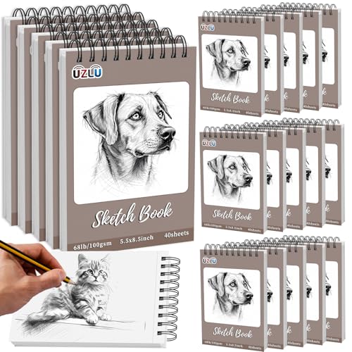UZLU 20 Pcs Sketch Books Bulk 5.5 x 8.5 In 800 Sheets Top Spiral Bound Sketch Pad Drawing Paper 40 Sheets Each Acid Free Mixed Media Sketchbook 68lb/100gsm Art Supplies for Beginner Artist