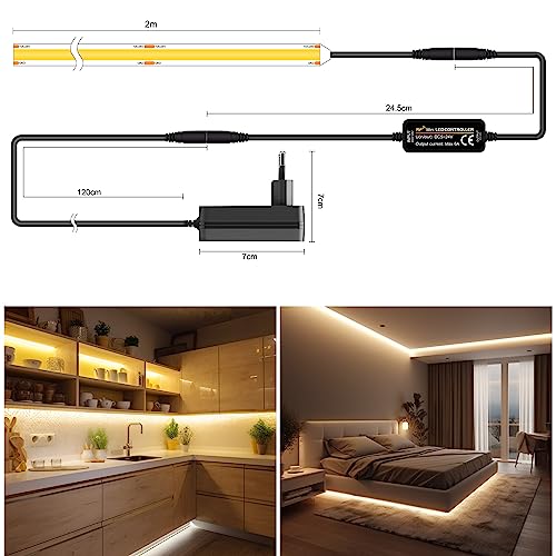 TTWAY COB LED Streifen 2M, LED Streifen Warmweiss 3000K, 24V Dimmbar LED Strip, 480LEDs/M, CRI92, 8mm Breite, mit Fernbedienung und Netzteil, für Home Dekoration, Küche, Spiegel