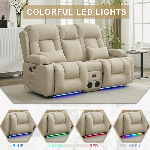 Image of URRED Power Loveseat Recliner Sofa with Massage and Heat, Wall Hugger Reclining Loveseat with Console, RV Couch Home Theater Seating with LED Lights for Living Room (Beige, 67 inch - 2 Seats)