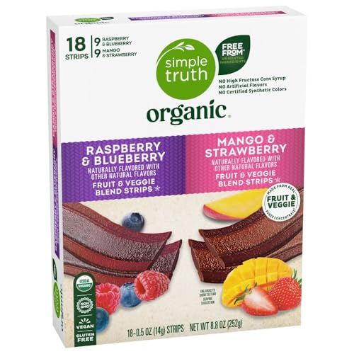 Simple Truth Organic Fruit Strip Variety Pack, 18 Count, Raspberry & Blueberry, Mango & Strawberry, Vegan, Gluten-Free, 0.5 oz Strips