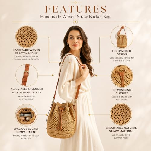 Image of Handmade Woven Straw Bucket Bag for Women Summer Casual Shoulder Purse Boho Style Drawstring Closure Lightweight Crossbody Tote Natural Fiber Beach Bag Travel Accessory with Adjustable Strap