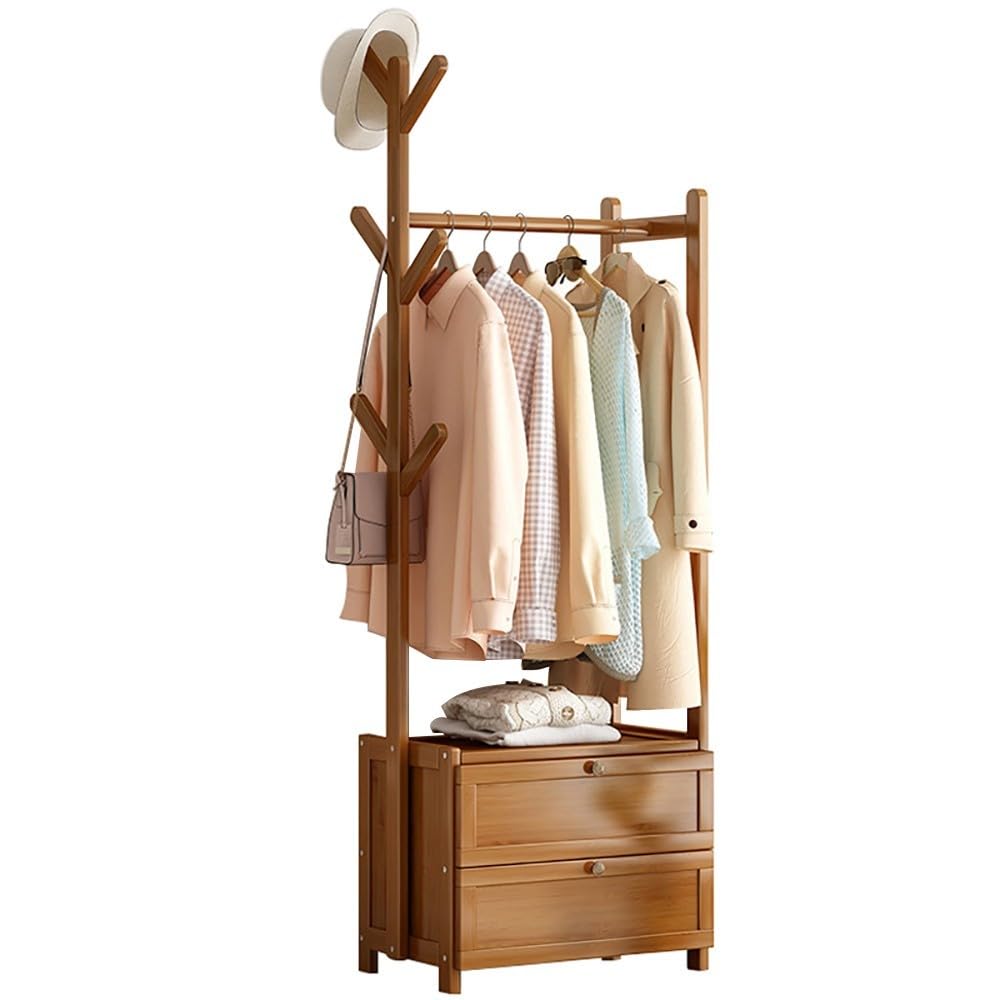 Perchero Burro de Bambú, Perchero de Pie Armario Abierto Madera con 4 Separadores y 2 Cajones, Ropa de Bambú para Entrada, Pasillo, Dormitorios Sala de Estar, Fácil de Montar