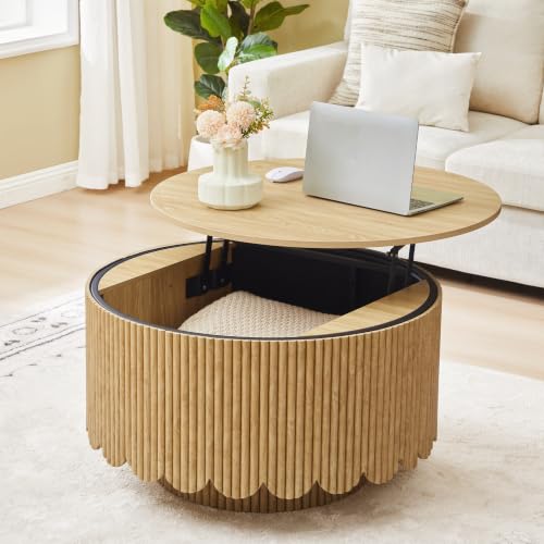 Image of Round Lift Top Coffee Table with Storage,Fluted Circle Coffee Table,Natural