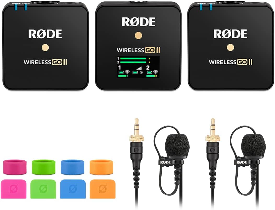 Rode Wireless GO 2 Dual Digital Wireless Microphone System with 2X Lavalier II Premium Microphones and Colored Identifiers