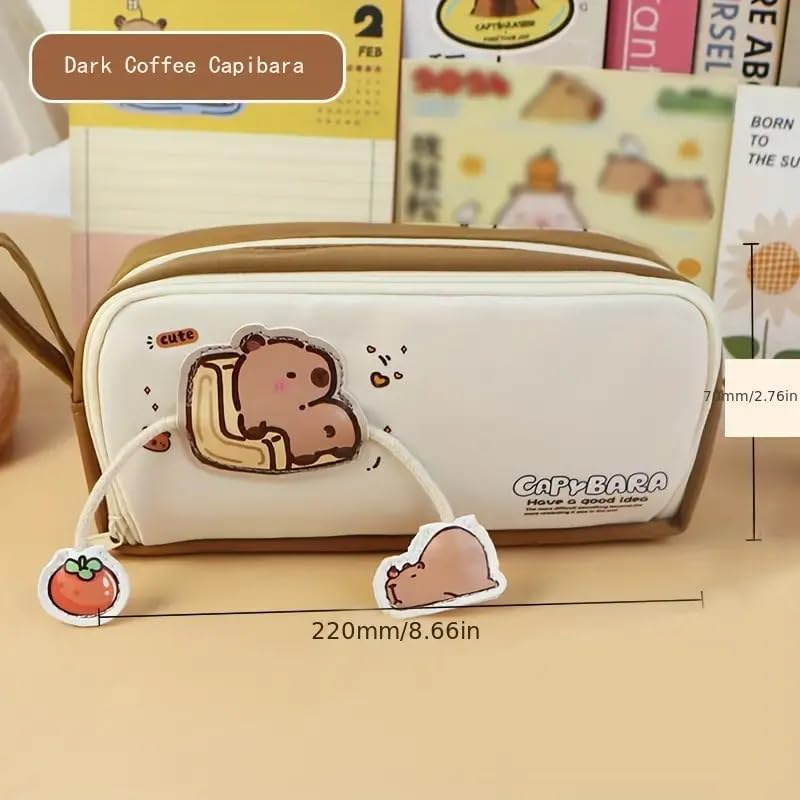 Image of Invite Capybara White Pouch Large Capacity Cartoon Pencil Case Double Layer Cute Aesthetic Pencil Case for Girls Multifunctional Stationery Organizer for School Office (Capybara Brown Pouch)