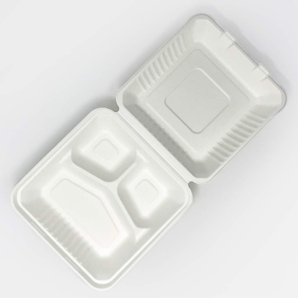 Zume Compostable, Eco Friendly, Disposable 9" x 9" 3 Compartment Clamshell Take Out Food Container, Natural (Pack of 100)