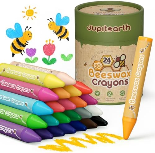JUPITEARTH Jumbo Buntstifte 24 Ungiftige Babymalstifte aus Natürlichem Bienenwachs Wachsmalstifte Ab 1 Jahr, Unzerbrechlich Waschbare Sichere Kleinkindmalstifte für Kinder Malzubeh