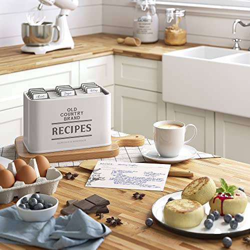 Barnyard Designs Old Country Brand Metal Recipe Box With Cards And Dividers 4 X 6, Vintage Farmhouse Recipe Card Box Holder, Tin Recipe Box Set 50 Recipe Index Cards, 12 Dividers 4X6 With Tabs, White #TOP3